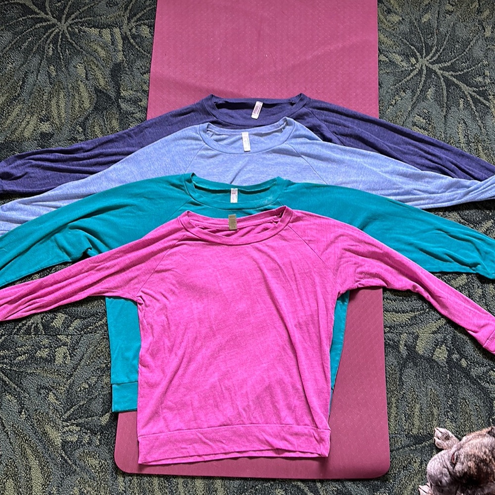 4 yoga shirts Purple alternative Earth. Green Light Blue Dark Blue Amer. Apparel